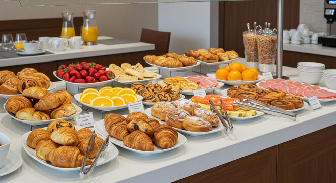 Buffet de caf&eacute; da manh&atilde; variado em hotel com p&atilde;es, frutas, sucos e bolos.