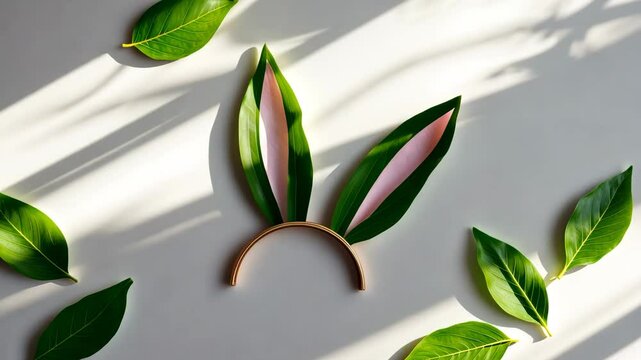 Natural green leaves shaped like bunny rabbit ears set against a colorful backdrop. Minimalistic design. Flat lay.