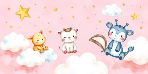 Obraz premium Watercolor baby animals float amidst clouds and stars on a soft pink background , digital art, texture
