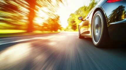 A high-speed sports car on an open road with motion blur, dynamic energy 