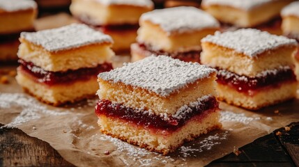 Realistic assortment of mini Victoria sponge cake slices showing layers of sponge, jam, cream, dusted with powdered sugar.