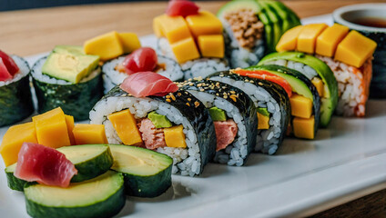 Colorful sushi rolls with mango, avocado, and tuna.