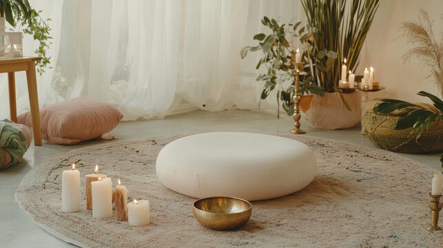 The meditation area features a simple cushion, a singing bowl, and a few candles, all arranged to create an atmosphere of peace and mindfulness