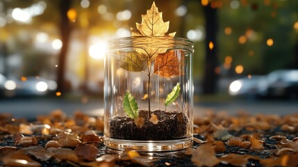 Autumn leaves in a glass jar
