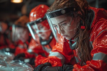 Rescue team members focus on critical tasks during emergency response operation in challenging conditions