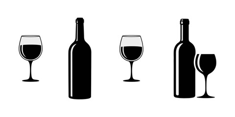 Various types wine glasses and bottles icon set. Wine glass and bottle vector black silhouette collection icons, Glass silhouettes, wine glass and bottle silhouette, wine bottle glass icon vector.