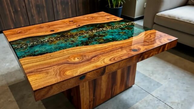 Unique resin and wood coffee table showcases craftsmanship in modern interior design