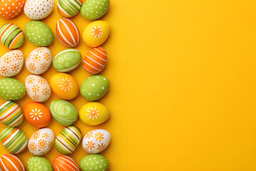 Colorful Easter Eggs on Yellow Background – Spring Holiday Decoration Flat Lay

