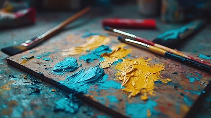 Fototapeta premium Abstract paint palette shows colorful mess post-creation, vivid hues puddled beside brushes and knives, studio blur adds storytelling vibe
