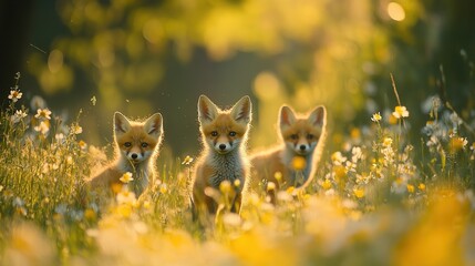  Young foxes chasing through meadow, red kits dart between tall grass dotted with yellow and white wildflowers under spring sun