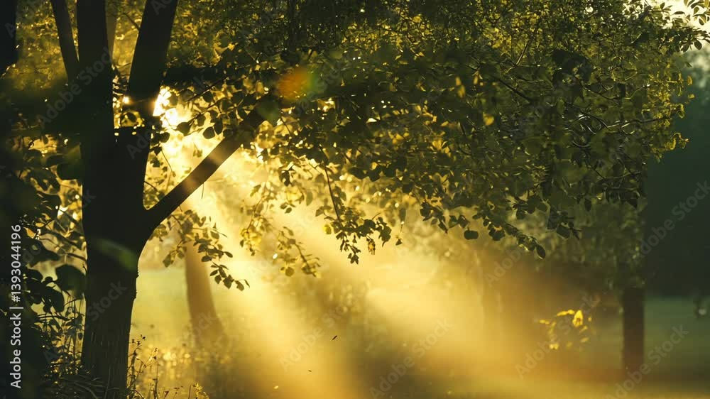 Wall mural sunlight filtering through forest trees