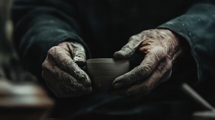 A close-up of an artisanâ€™s hands carefully crafting pottery, focused and skilled