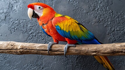 Obraz premium Vibrant Scarlet Macaw Bird Perched on Branch Against Textured Background in Watercolor Style