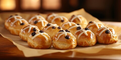Realistic assortment of mini hot cross buns with visible icing crosses and raisins/currants, traditional look photo.