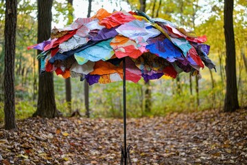 Colorful patchwork umbrella in autumnal forest