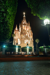View of Parroquia de San Miguel Arcángel and plaza Allende an night, in of the city of San Miguel...
