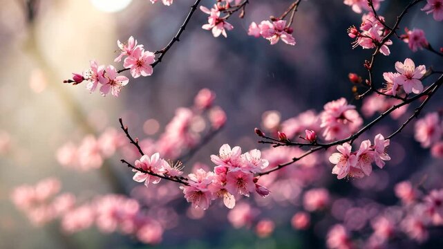 Tender pink blooms adorn slender branches, with a blurred effect making the flowers appear to float above the vague background.