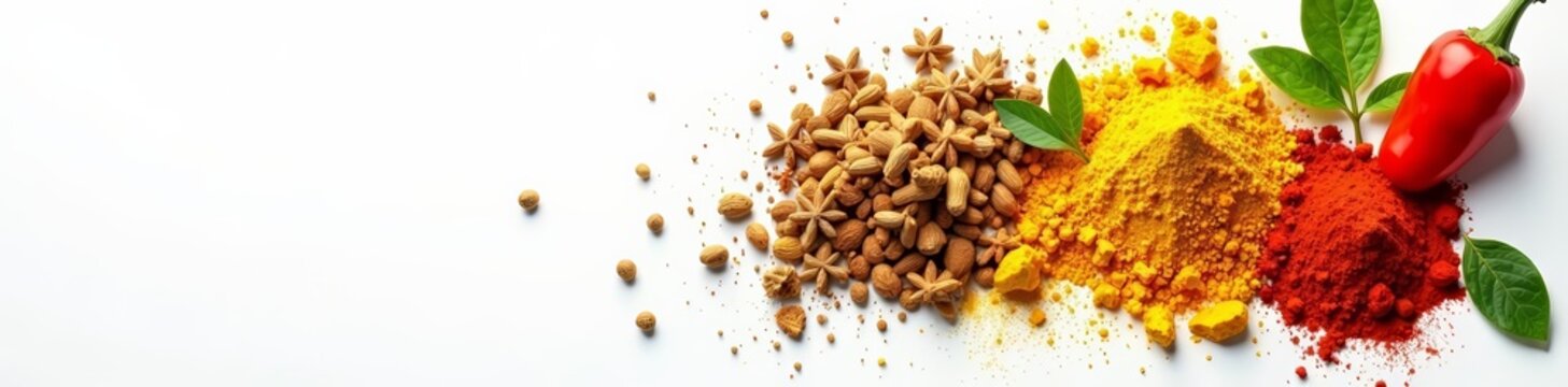 Assortment of vibrant spices including turmeric, paprika, and cumin on a white background, isolated, turmeric