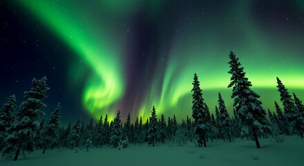 Naklejka premium Northern lights dancing above a snowy pine forest.