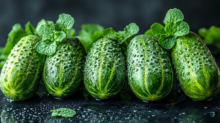 Freshly Picked Vibrant Cucumbers With Mint On Dark Background Perfect For Culinary Use