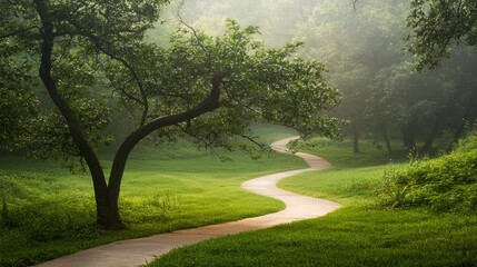 A walk in nature embodying mindfulness and promoting a positive life perspective, Positive mindset Stock Photo with side copy space