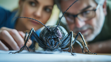 Closeup of couple examining large insect with curiosity and fascination