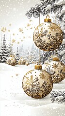 Elegant Christmas scene with ornate gold baubles hanging from snow-laden branches, nestled in a winter wonderland landscape