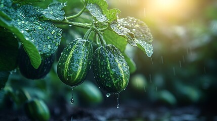 Freshly Picked Watermelons Glimmering with Dew in a Lush Green Garden Setting