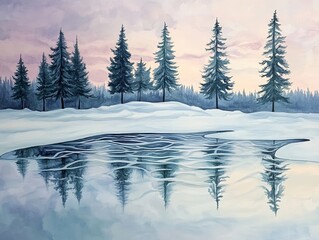 Obraz premium Serene winter landscape with a frozen lake reflecting snow covered trees soft pastel skies and intricate ice patterns creating a peaceful and harmonious scene