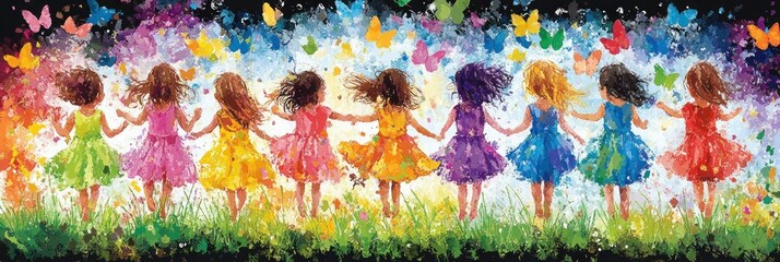 Girls Jumping in a Colorful Field with Butterflies
