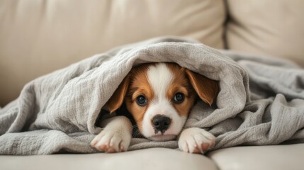 Cozy puppy peeking out from under a soft, gray blanket. Adorable and heartwarming scene of canine comfort