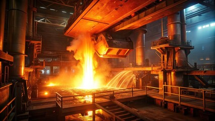 Electric Arc Furnace Steelmaking, Low Light Industrial Photography, Steel Production, Nighttime Foundry