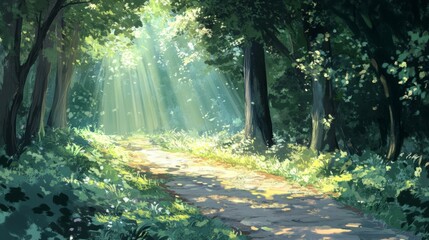 Obraz premium A peaceful forest path with dappled sunlight filtering through the leaves 