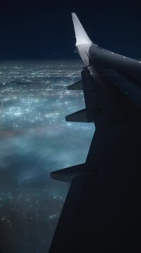 Vertical Screen: Captured from an airplane window during a nighttime flight, this view showcases the endless sky, dotted with soft, fluffy clouds as the plane gracefully approaches for landing