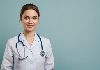 Fototapeta premium Smiling young female doctor in a white coat with a stethoscope against a blue background
