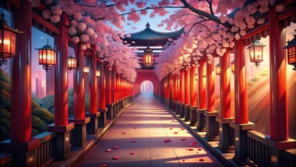 Elegant Asian Corridor, Red Lanterns, Cherry Blossoms - Candid Photography