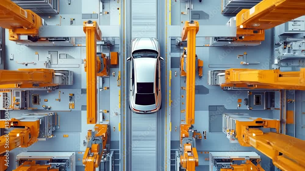 Aufkleber white car on automated assembly line with orange robotic arms