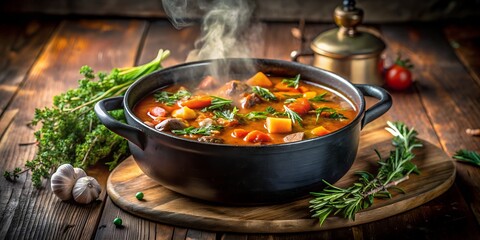 Savory Stew: A steaming pot of savory stew, brimming with fresh vegetables and hearty ingredients, sits invitingly on a rustic wooden table, evoking feelings of warmth and comfort.