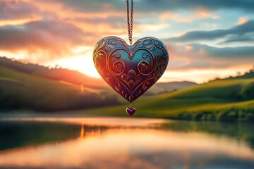 Fototapeta premium Ornate Heart Ornament Suspended Above Serene Rolling Hills and Calm Water at Sunset