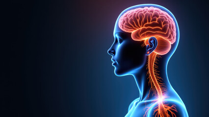 A detailed illustration of a human head with highlighted anatomical features including the brain, nervous system, and blood vessels to emphasize VNS (Vagus Nerve Stimulation).