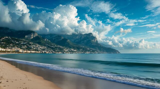Scenic shoreline in coastal resort town, the jewel of the Riviera. Gorgeous view of the breathtaking coast on a cloudy summer afternoon.