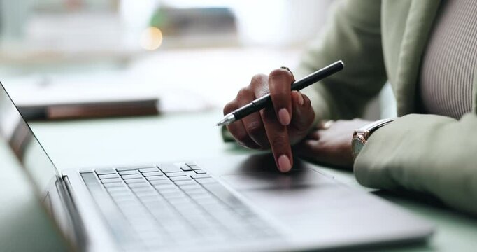 Hands, scroll and laptop in office for planning, strategy or agenda schedule with pen on desk. Business woman, technology and online for internet research, idea and workplace project management