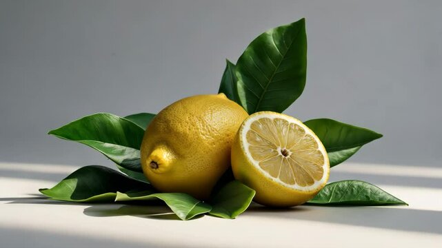 Whole lemon and a half with leaf isolated on a white background.