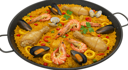 Delicious vibrant seafood paella featuring shrimp mussels and chicken with saffron rice