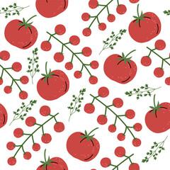  Seamless pattern with red tomatoes and green herbs on a white background. Ideal for fabric design or culinary themed projects. 