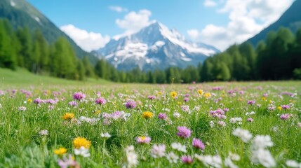 Alpine Wildflowers Mountain Meadow Vibrant Nature High-Definition Sharp Focus Landscape Close-up View Diverse Blooms Peaceful Serenity Idyllic Travel Brochure Soft Pastel Hues