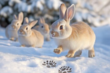 Fototapeta premium A playful family of rabbits hopping through a winter wonderland, their soft fur blending with the snowy landscape. Their tiny paw prints create delicate patterns in the untouched snow.