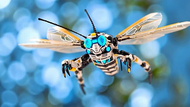 A close-up of a robotic bee hovering against a blurred blue background, showcasing intricate details