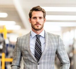 Fototapeta premium Professional man in a stylish suit, confidently posing in a modern workspace.