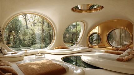 Fototapeta premium Futuristic Interior Design with Organic Shapes and Natural Light Reflections in a Space Setting